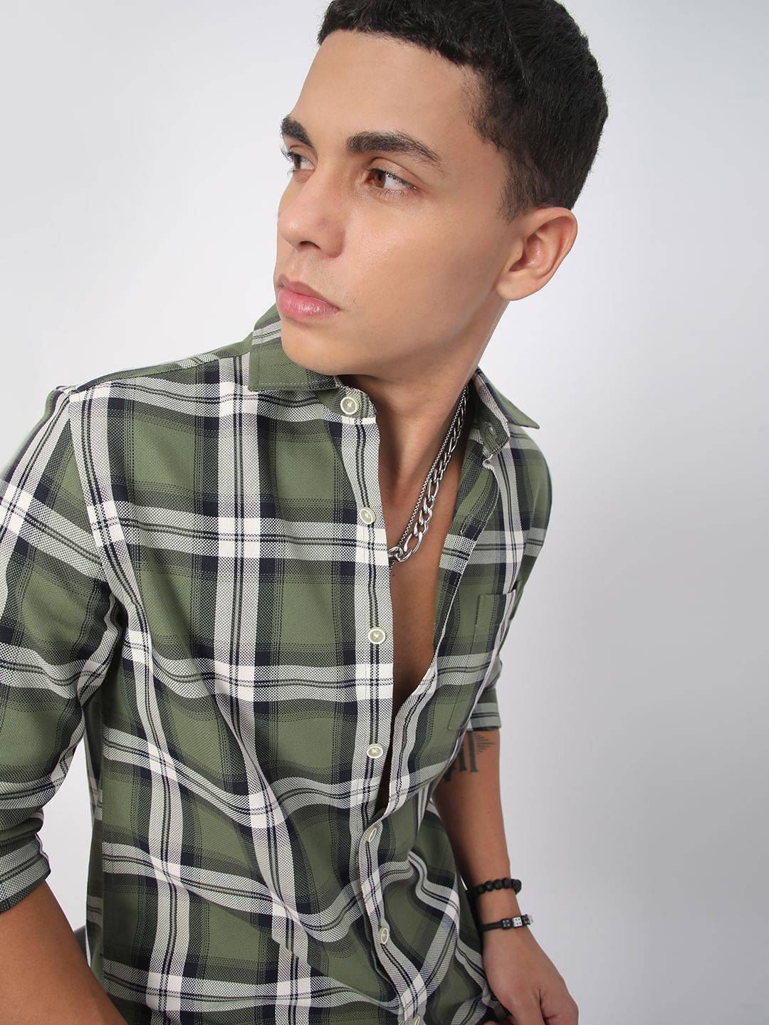 Premium Cotton Timeless Broad Square Olive Checks Shirt Buy only at ₹569