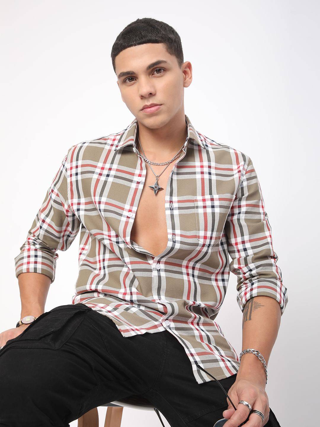 Premium Cotton Opulent Tartanique Olive Checkered Shirt Buy only at ₹759