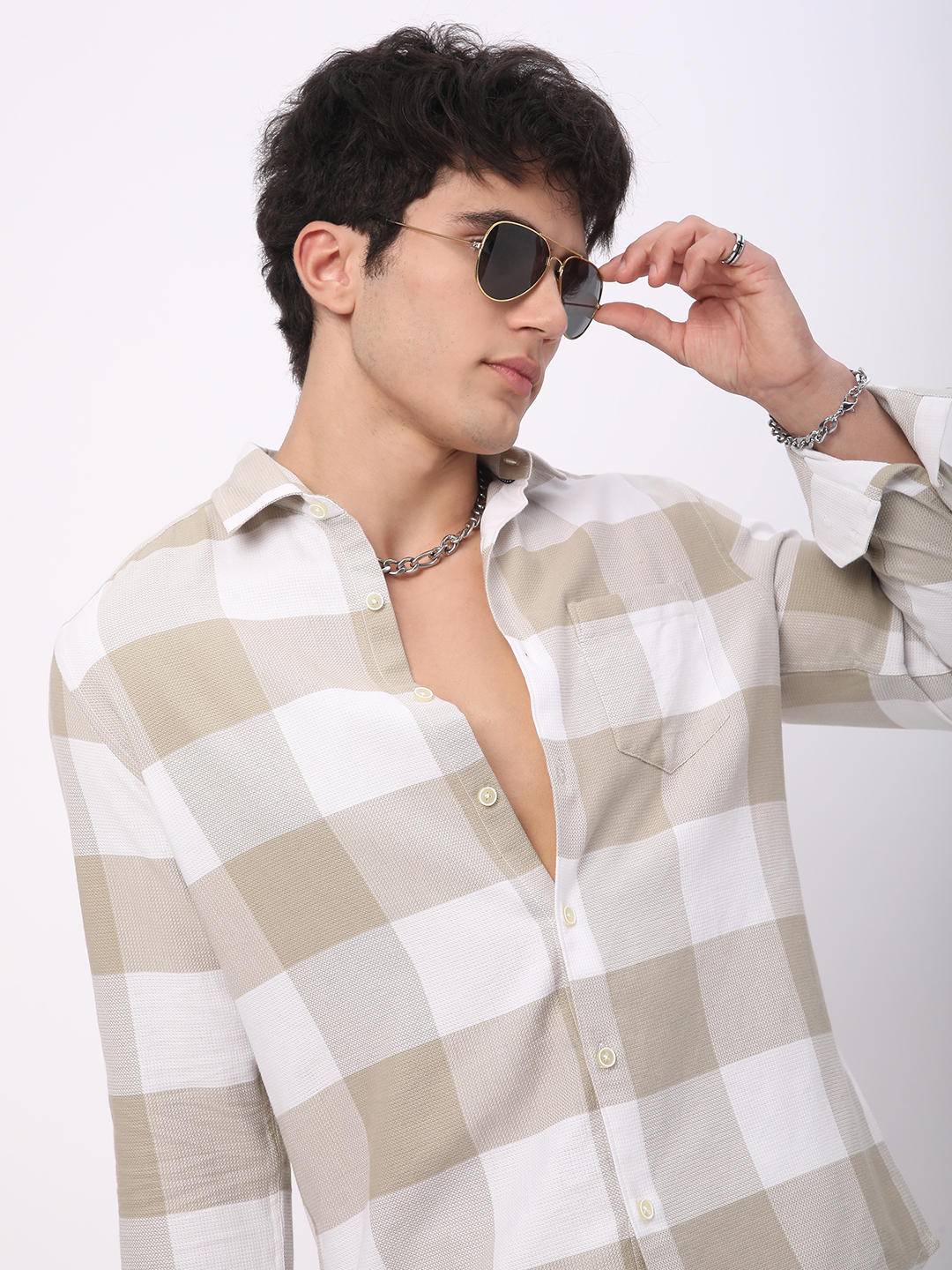 Premium Cotton Beige & White Tartan Checkered Shirt Buy only at ₹759