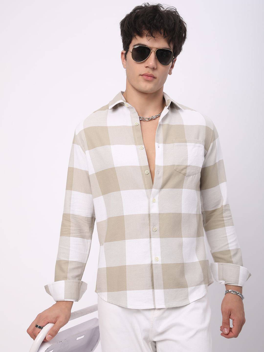 Premium Cotton Beige & White Tartan Checkered Shirt Buy only at ₹759