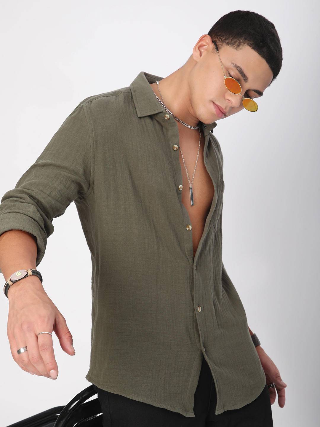 Vintage Olive Double Cloth Crinkled Shirt Buy only at ₹699