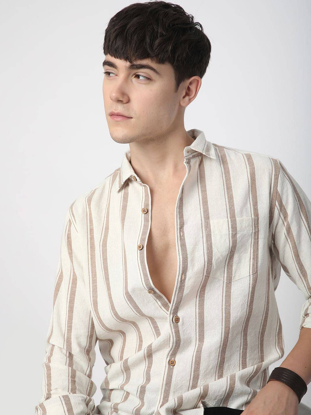 Sleek Warm Tan Dobby Striped Shirt Buy only at ₹759