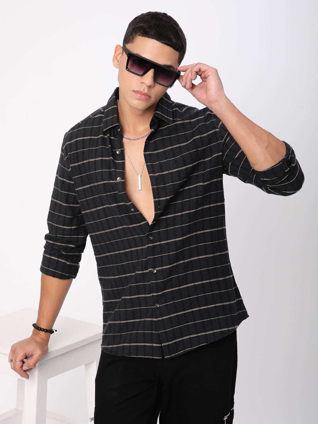 Black Horizontal Striped Seersucker Shirt Buy only at ₹759