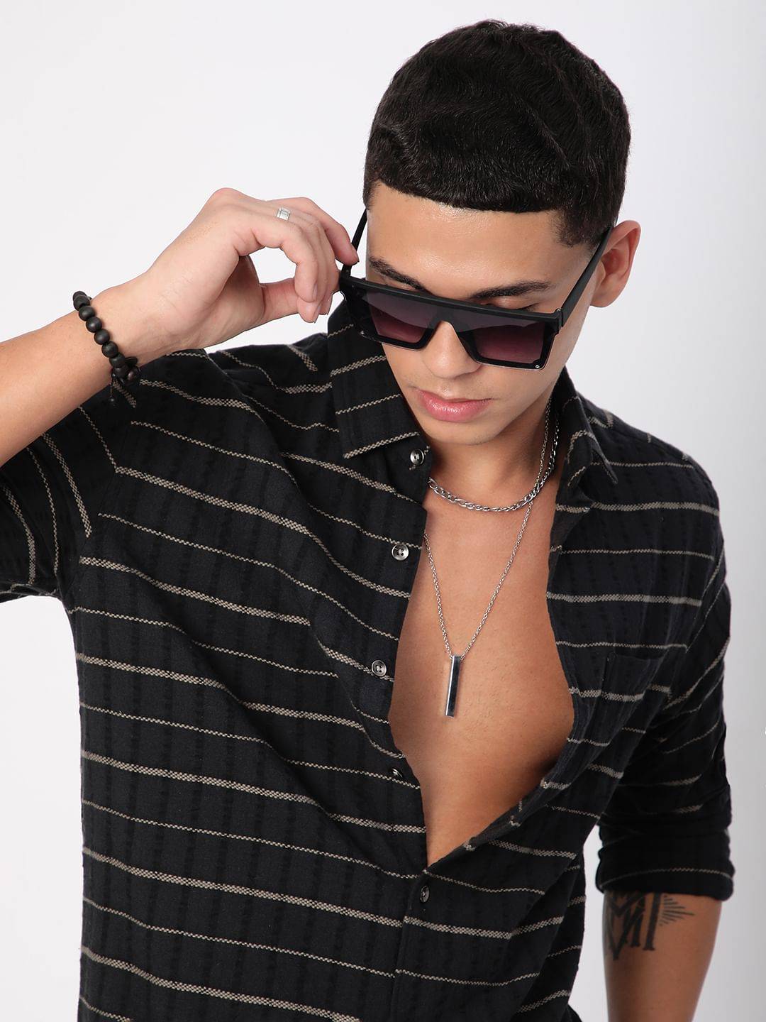 Black Horizontal Striped Seersucker Shirt Buy only at ₹759