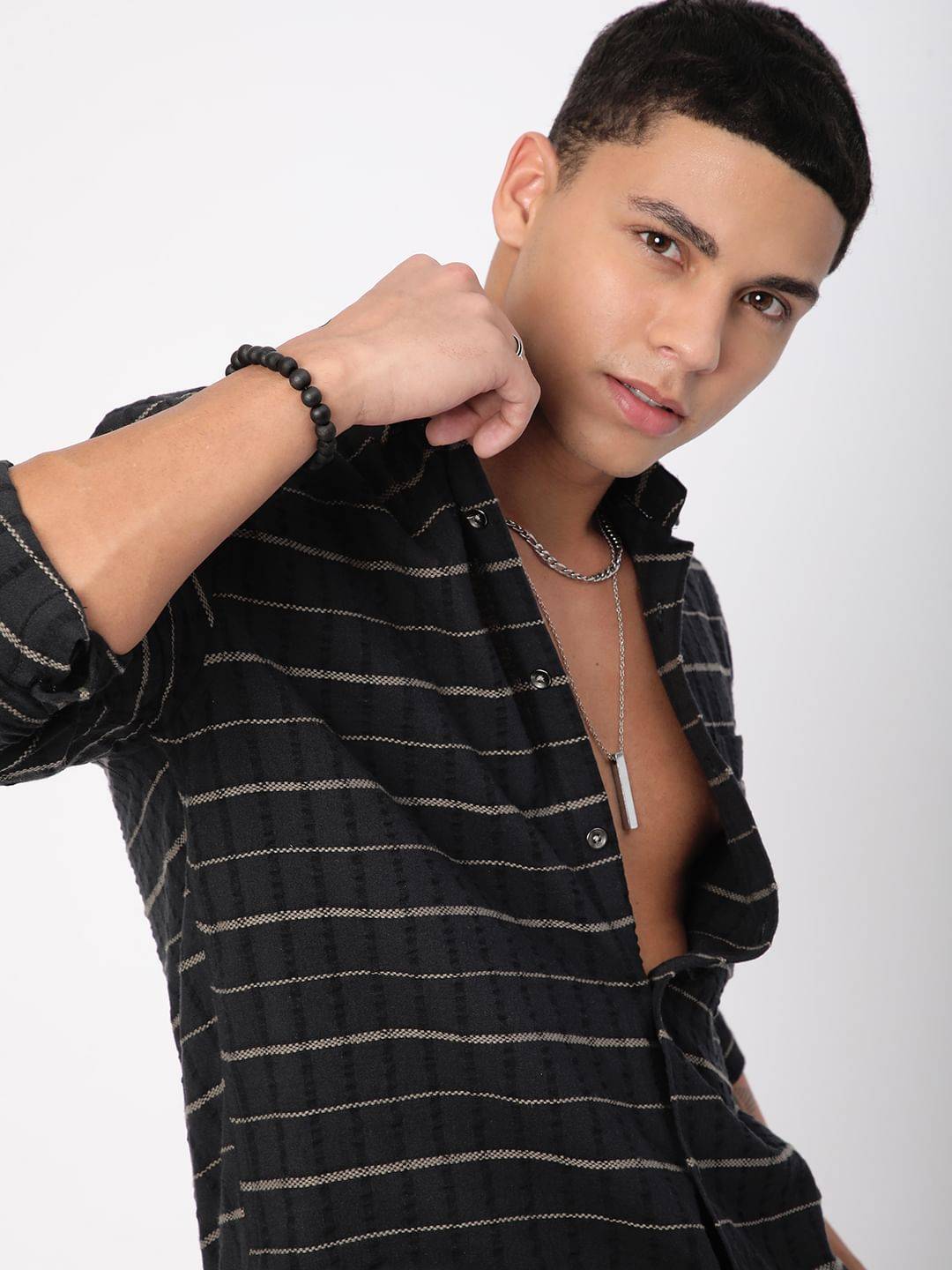 Black Horizontal Striped Seersucker Shirt Buy only at ₹759