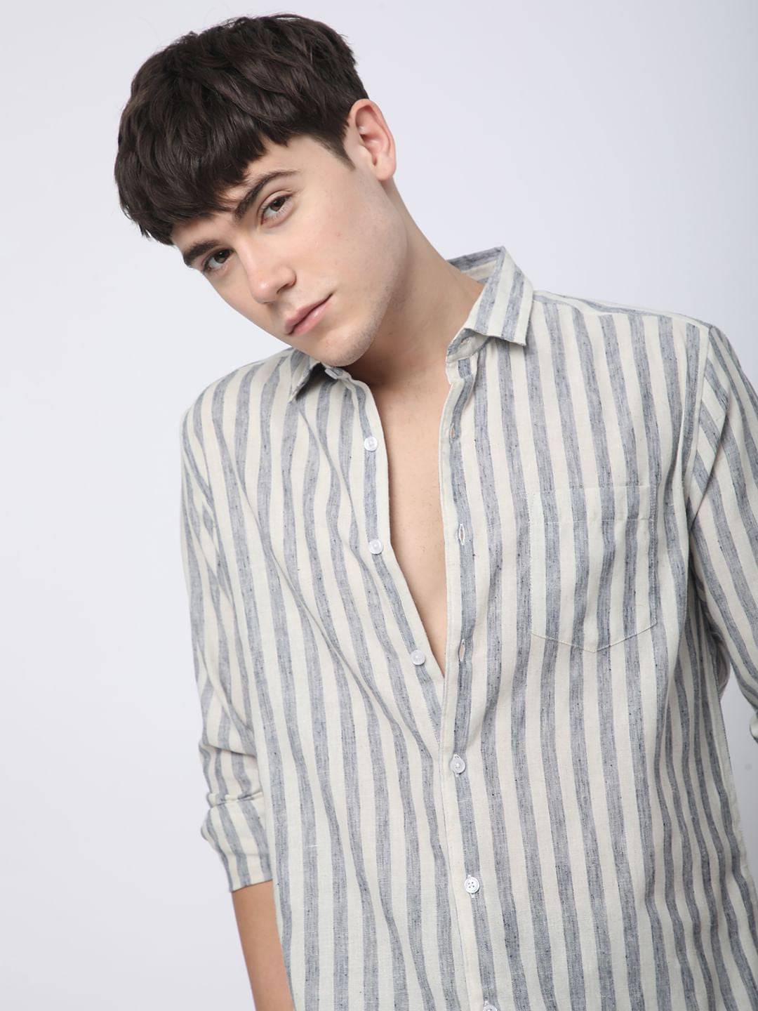 Faded Navy & Off-White Candy Striped Linen Shirt Buy only at ₹659