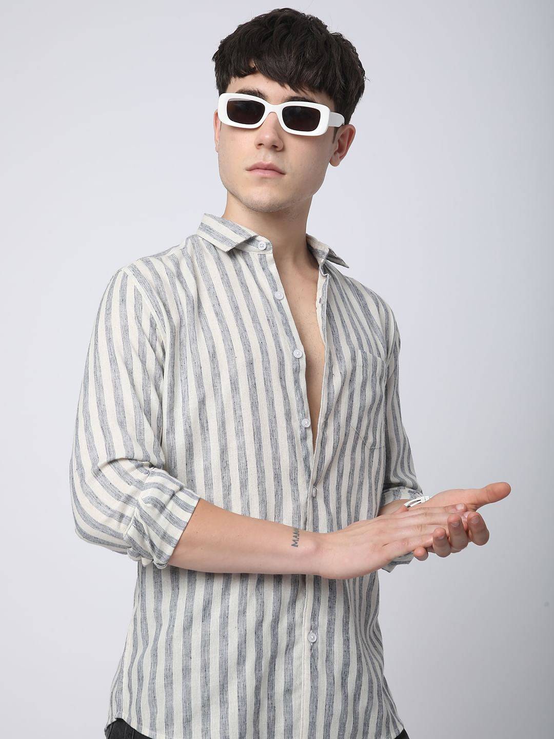 Faded Navy & Off-White Candy Striped Linen Shirt Buy only at ₹659