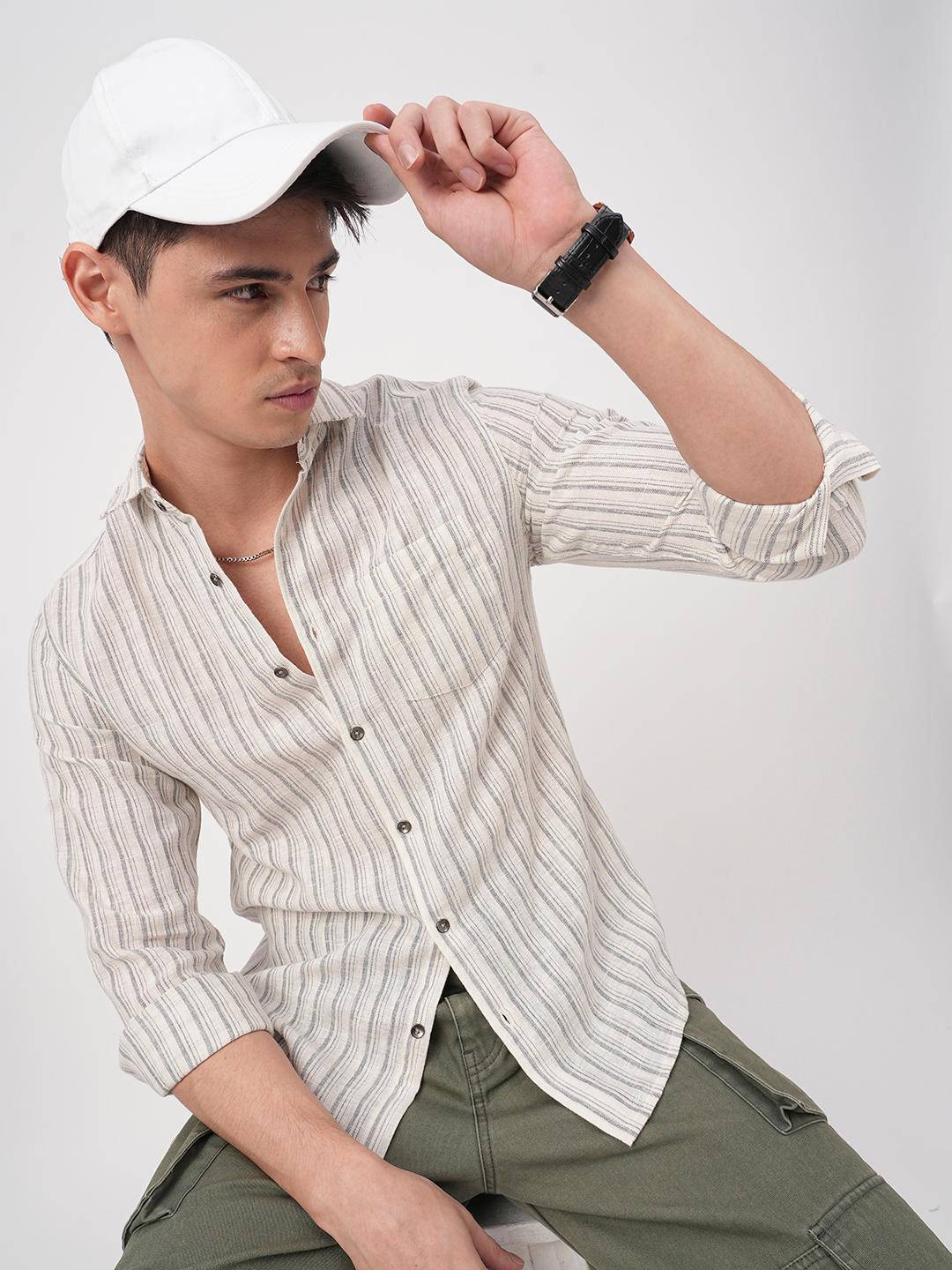 Off-White & Grey Vertical Striped Burlap Shirt Buy only at ₹659