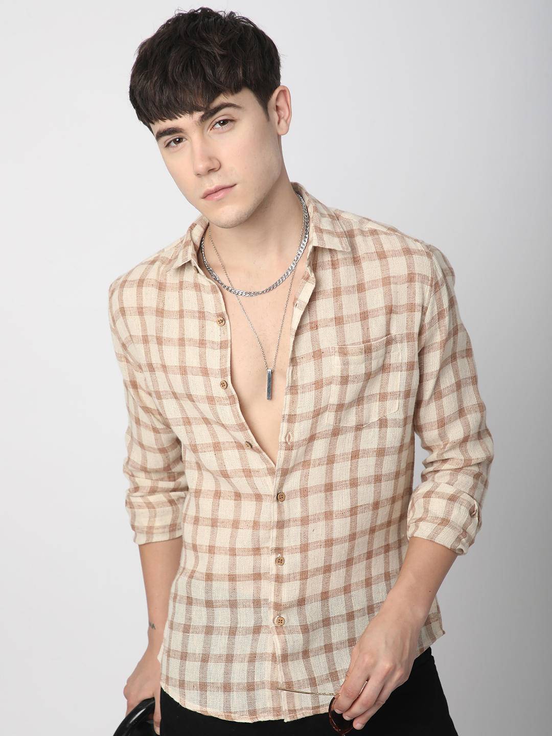 Beige & Brown Buffalo Checked Burlap Shirt Buy only at ₹699