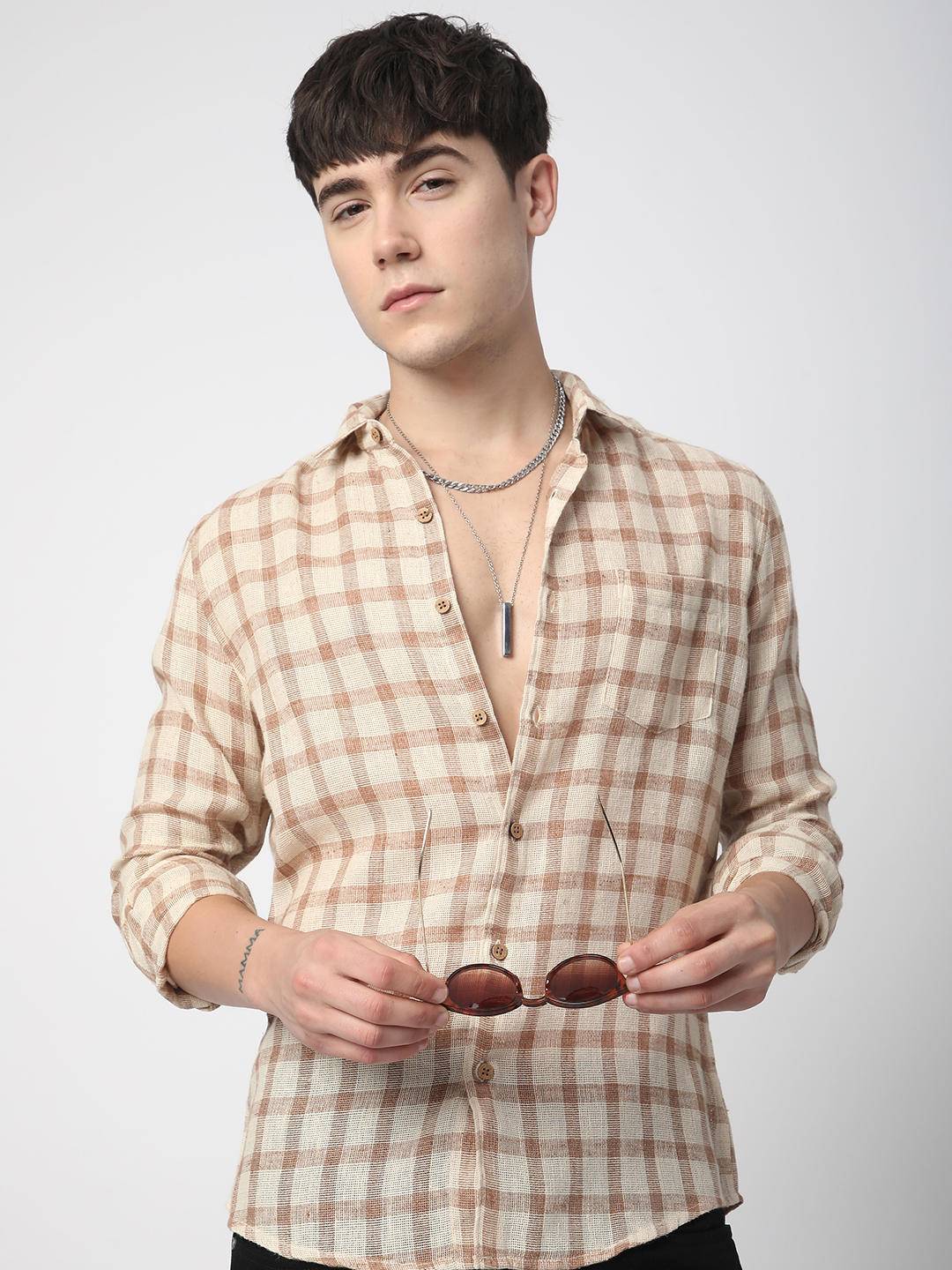 Beige & Brown Buffalo Checked Burlap Shirt Buy only at ₹699