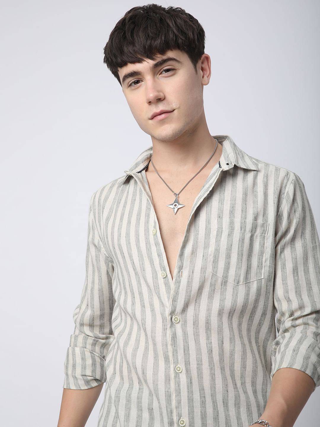 Olive & Ivory Striped Linen Shirt Buy only at ₹699