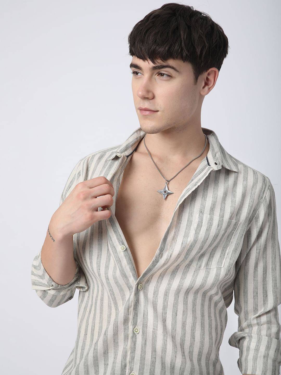 Olive & Ivory Striped Linen Shirt Buy only at ₹699