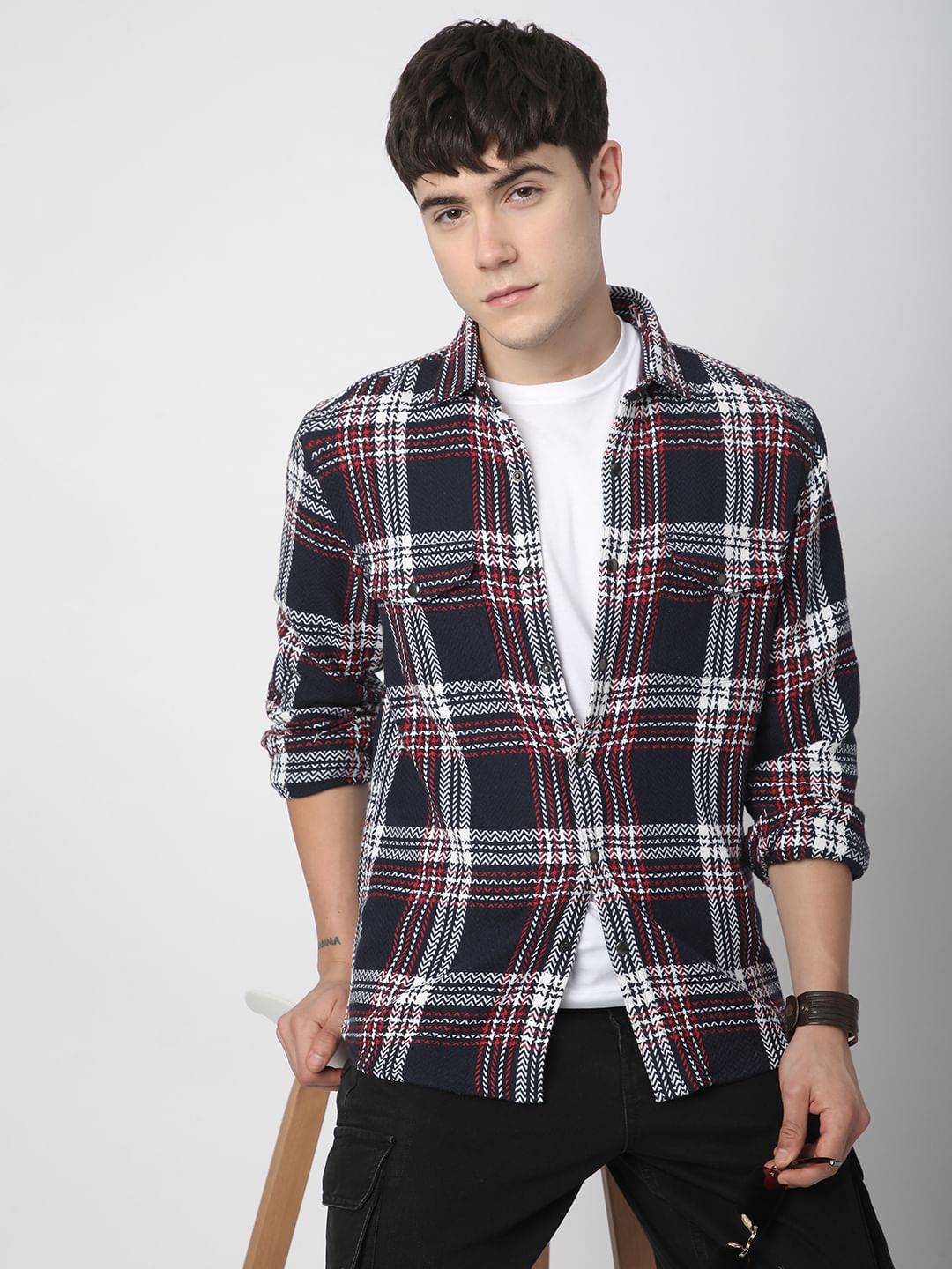 Navy Tweed Checks Double Flap Pocket Overshirt Buy only at ₹599