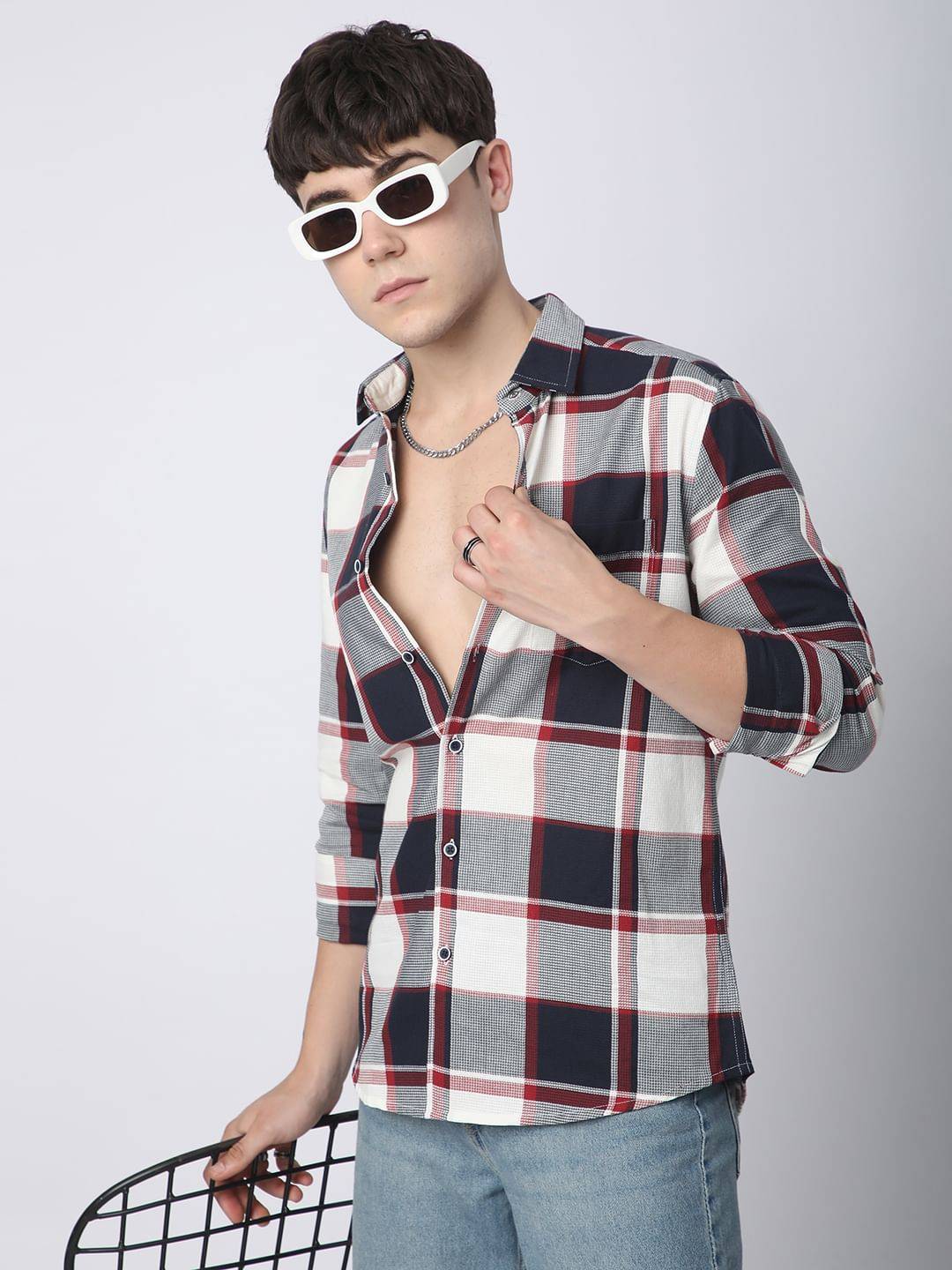 Premium Cotton Navy & White Broad Checks Shirt Buy only at ₹759