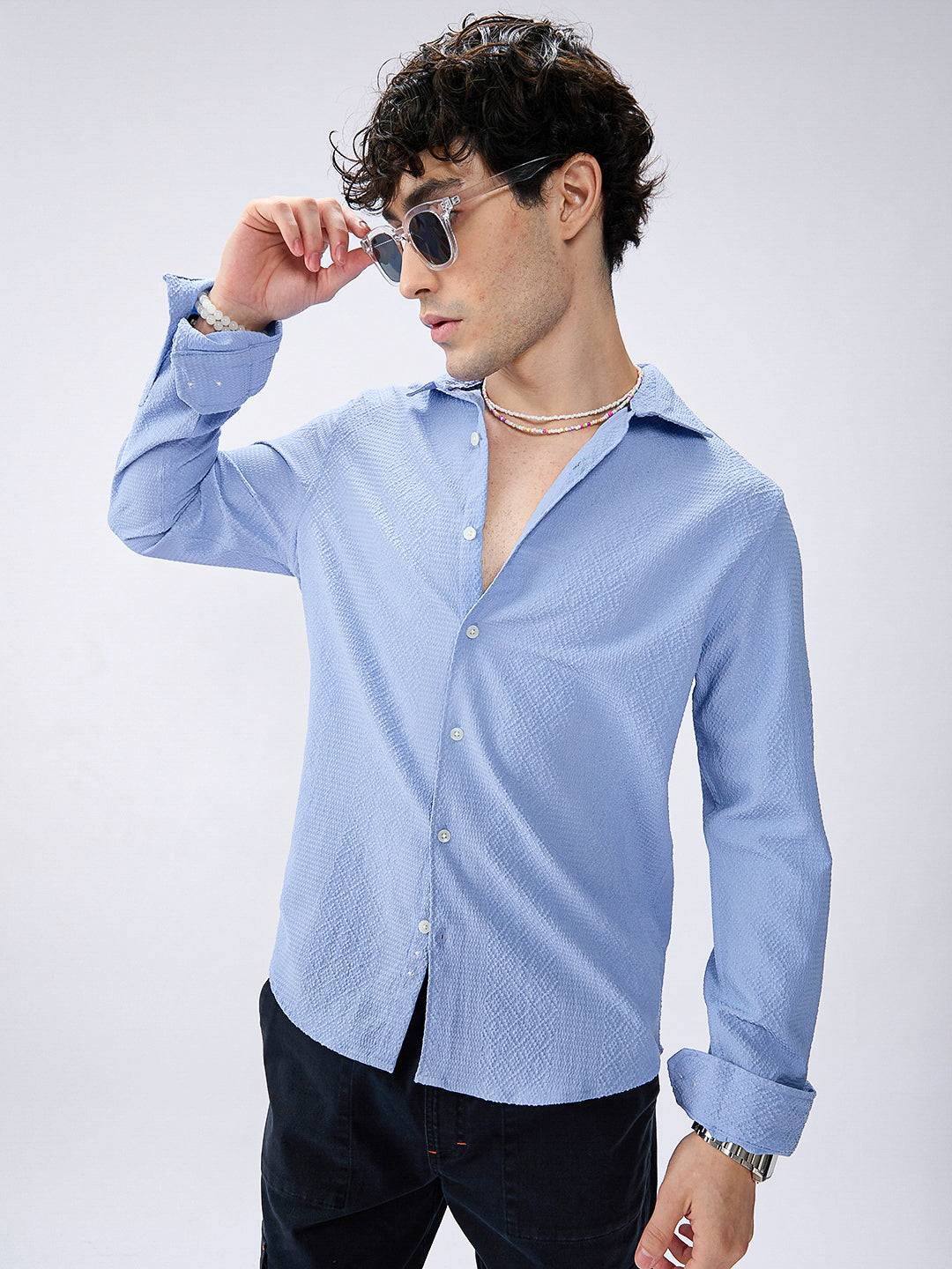 Carolina Blue Diamond Weave Textured Shirt Buy only at ₹699