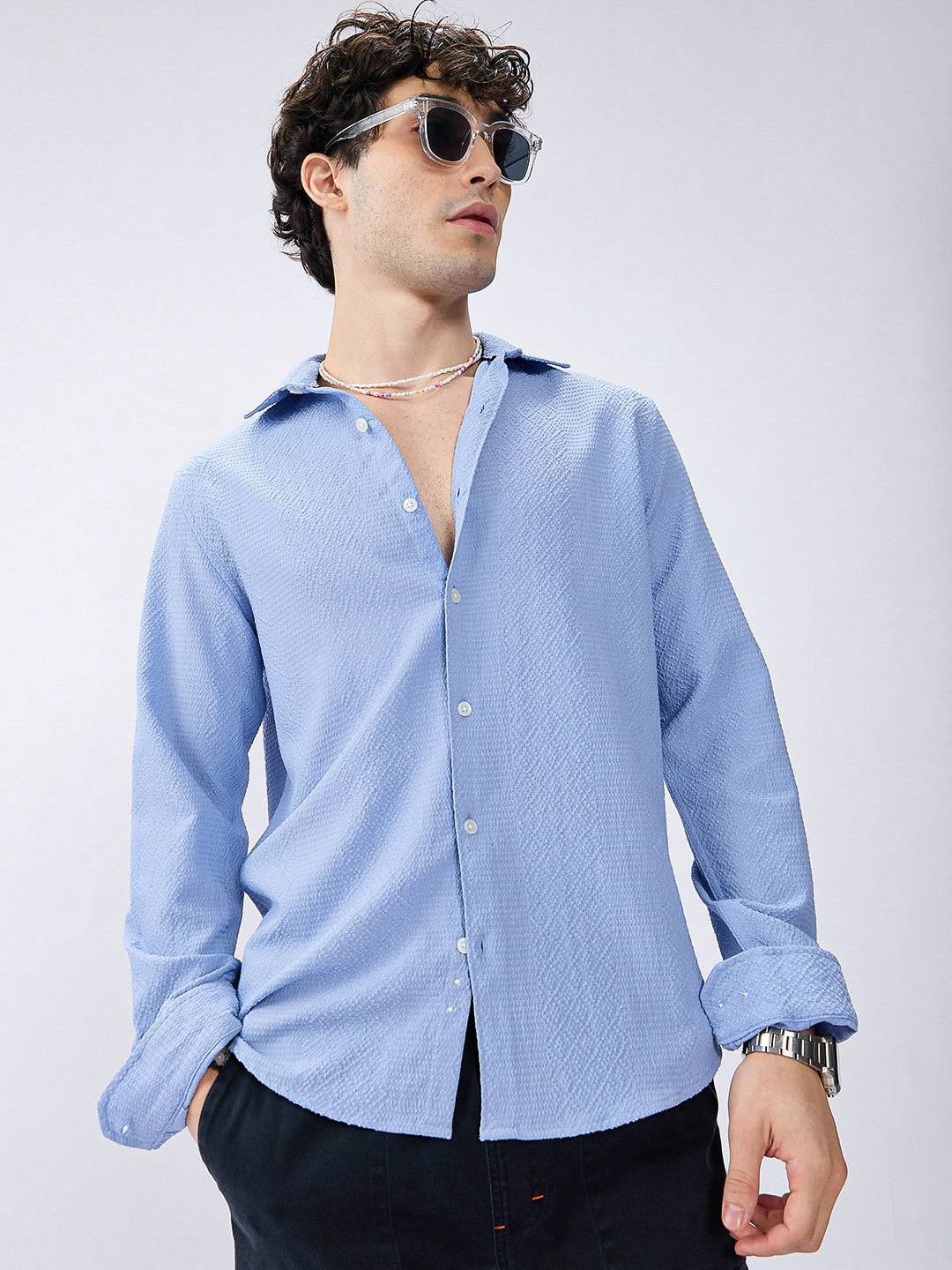 Carolina Blue Diamond Weave Textured Shirt Buy only at ₹699