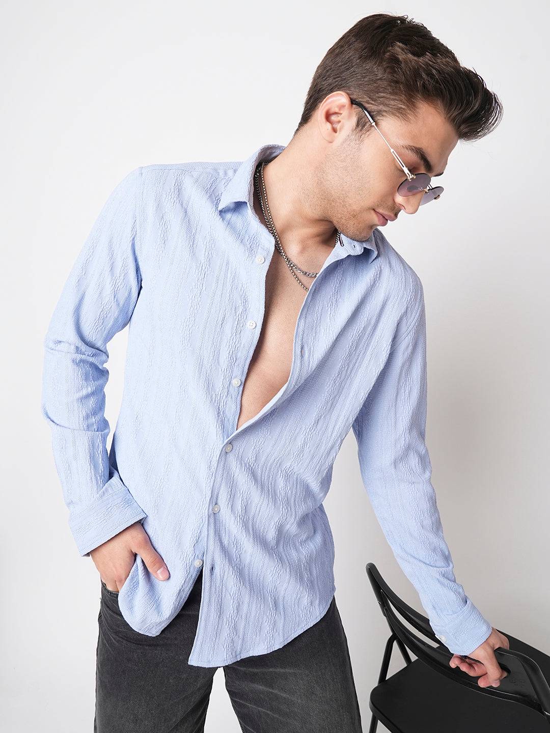 Exquisite Baby Blue Jacquard Shirt Buy only at ₹759