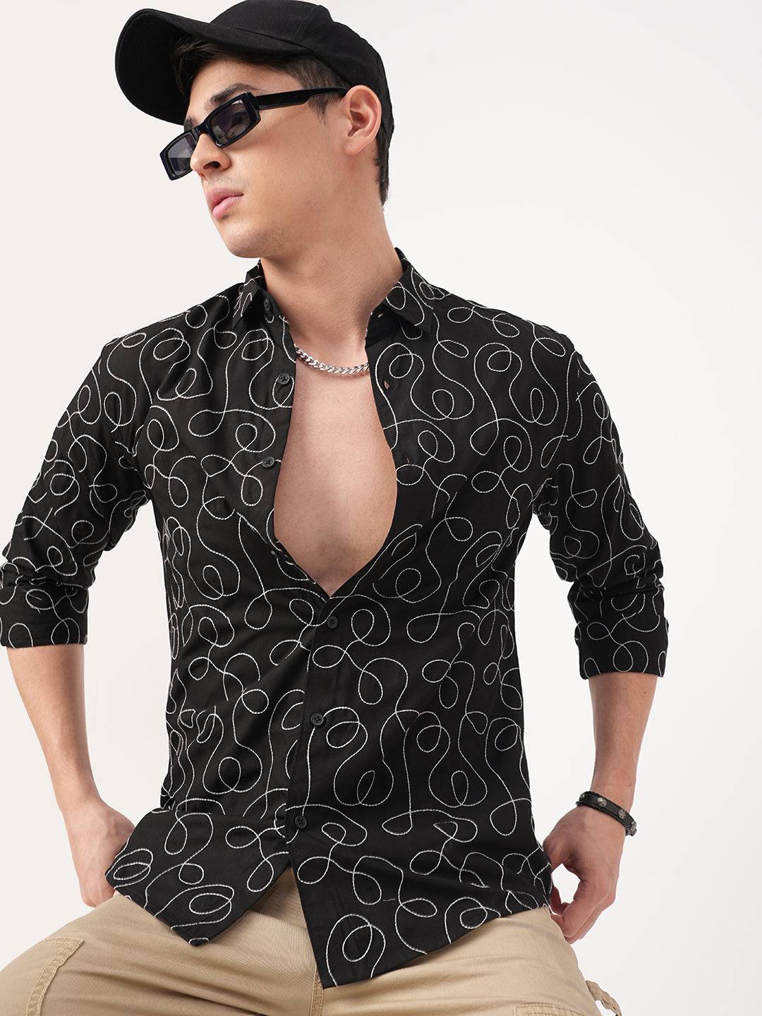 Premium Cotton Onyx Black Embroidered Shirt Buy only at ₹749