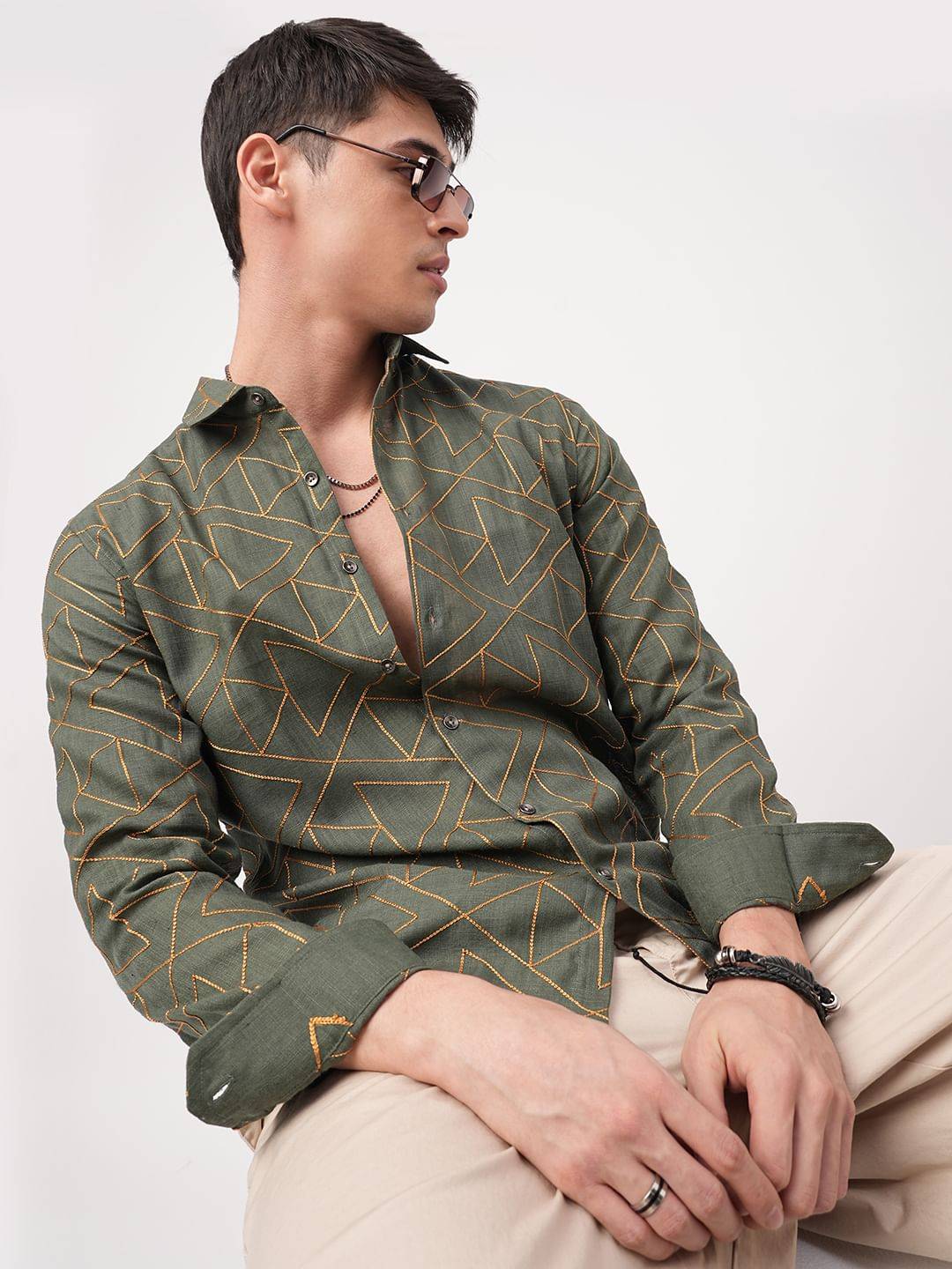 Trigon Embroidered Green Shirt Buy only at ₹699