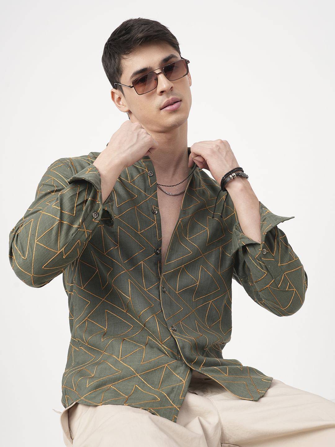 Trigon Embroidered Green Shirt Buy only at ₹699