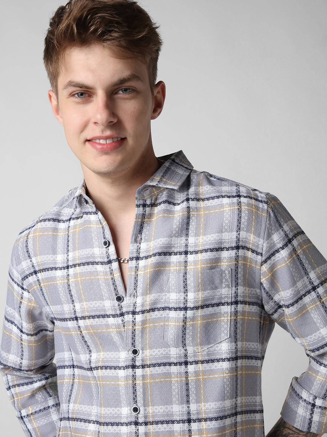 Fossil Grey Diamond Jacquard Checkered Shirt Buy only at ₹659