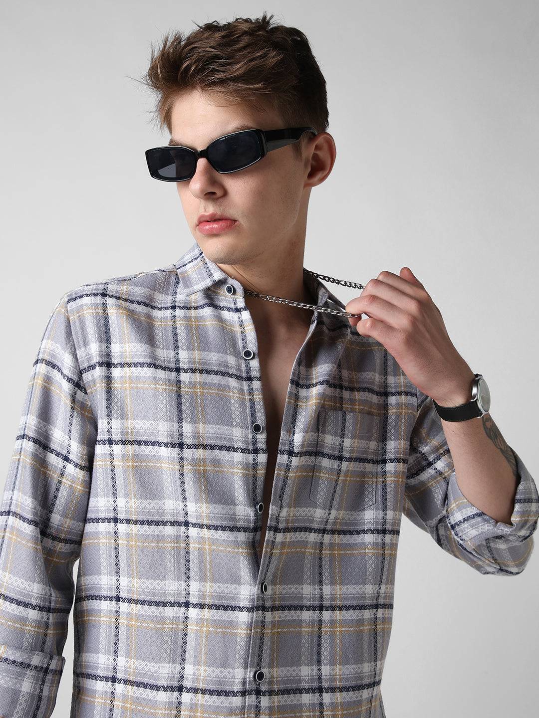 Fossil Grey Diamond Jacquard Checkered Shirt Buy only at ₹659