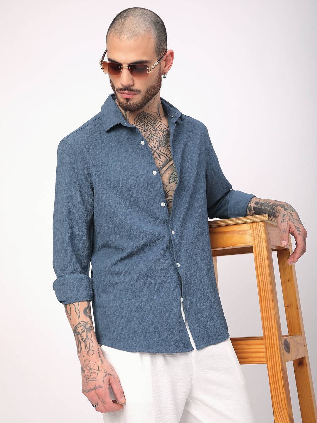 Elegant Prussian Blue Creased Shirt Buy only at ₹699