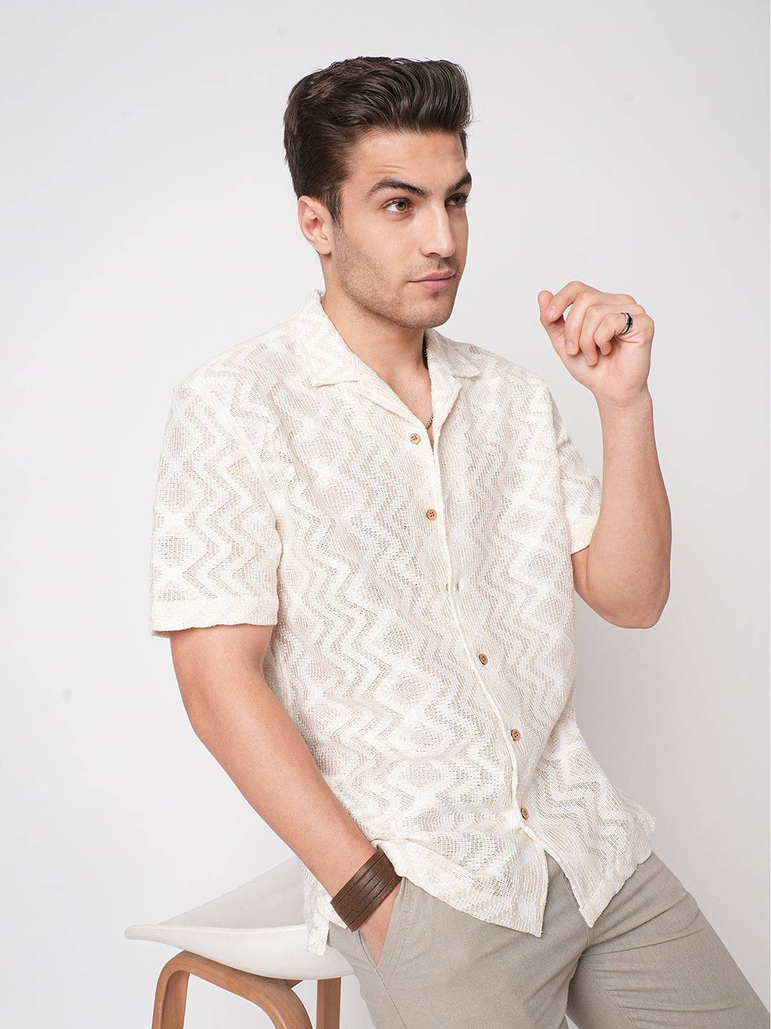 Beige Crochet Notch Collar Oversized Shirt Buy only at ₹569