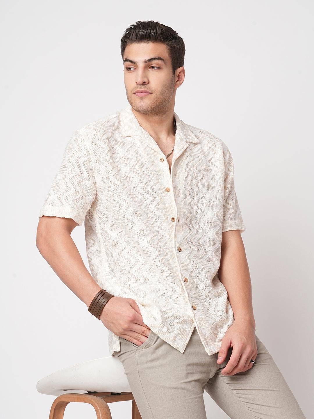 Beige Crochet Notch Collar Oversized Shirt Buy only at ₹569