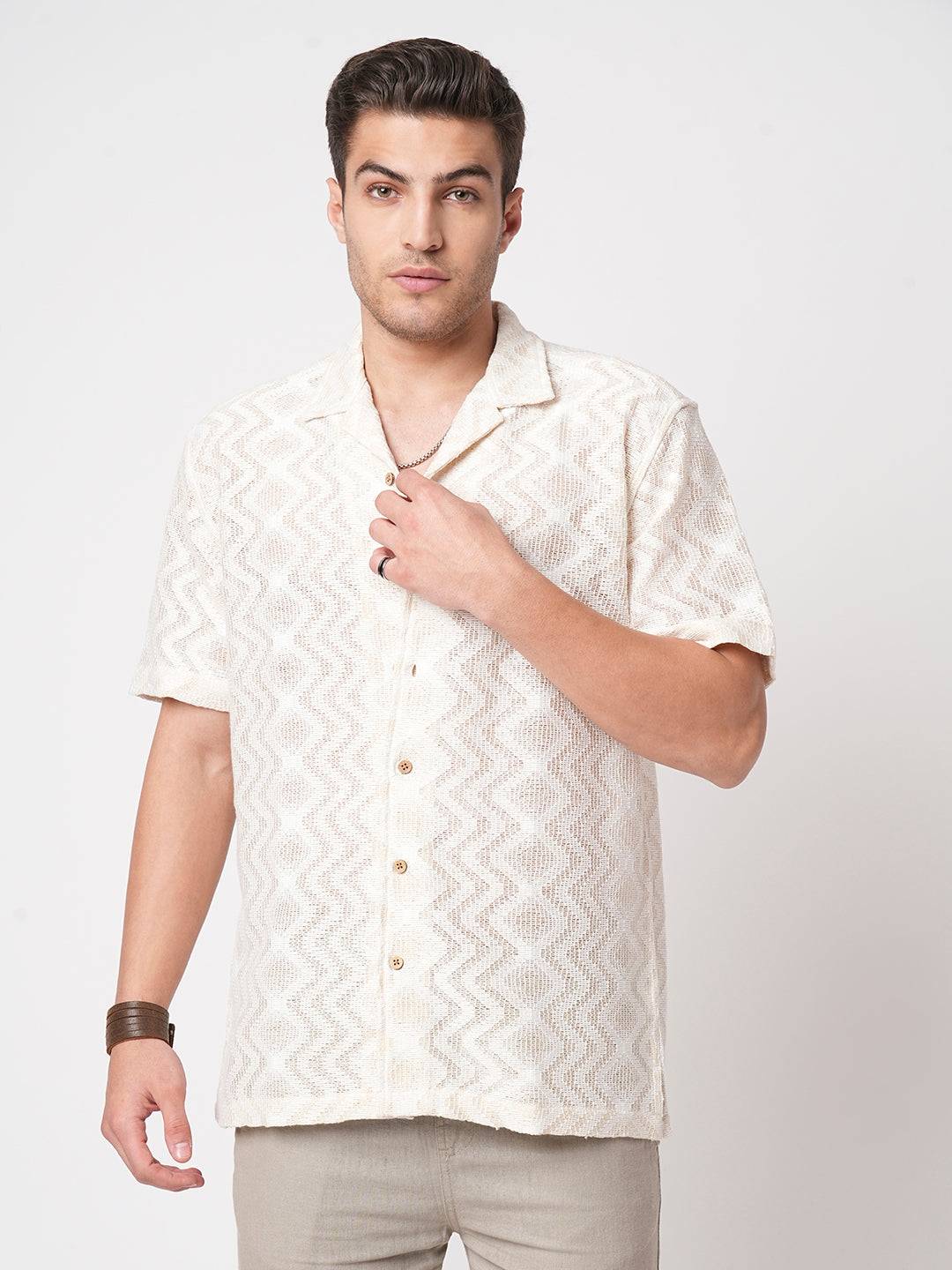 Beige Crochet Notch Collar Oversized Shirt Buy only at ₹569