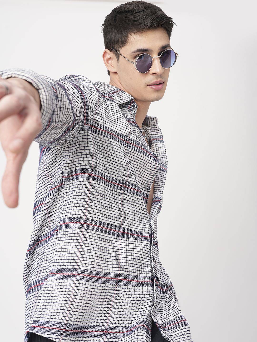 Panache White & Navy Textured Mini Checks Shirt Buy only at ₹799