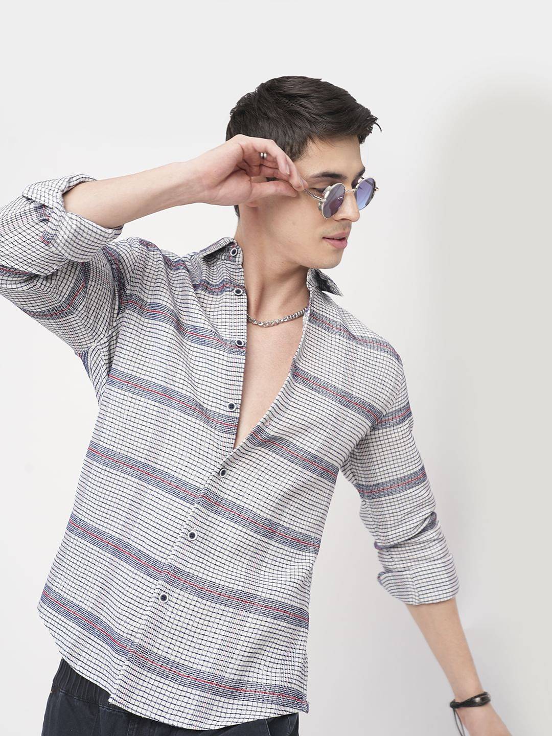 Panache White & Navy Textured Mini Checks Shirt Buy only at ₹799