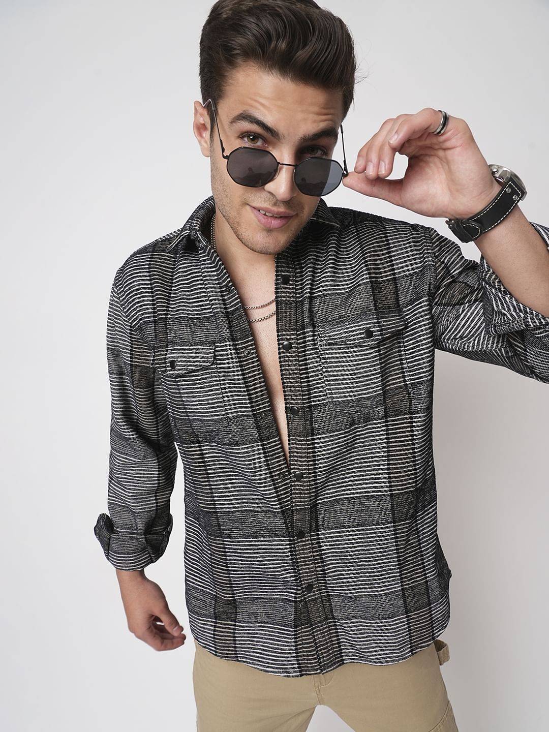 Monochrome Horizontal Stripes Double Flap Pocket Shirt Buy only at ₹899