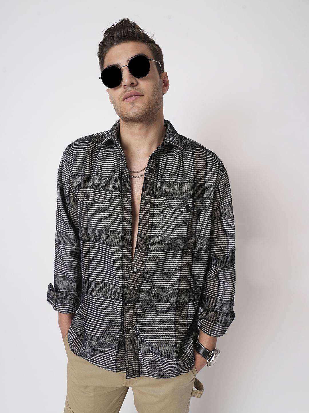 Monochrome Horizontal Stripes Double Flap Pocket Shirt Buy only at ₹899