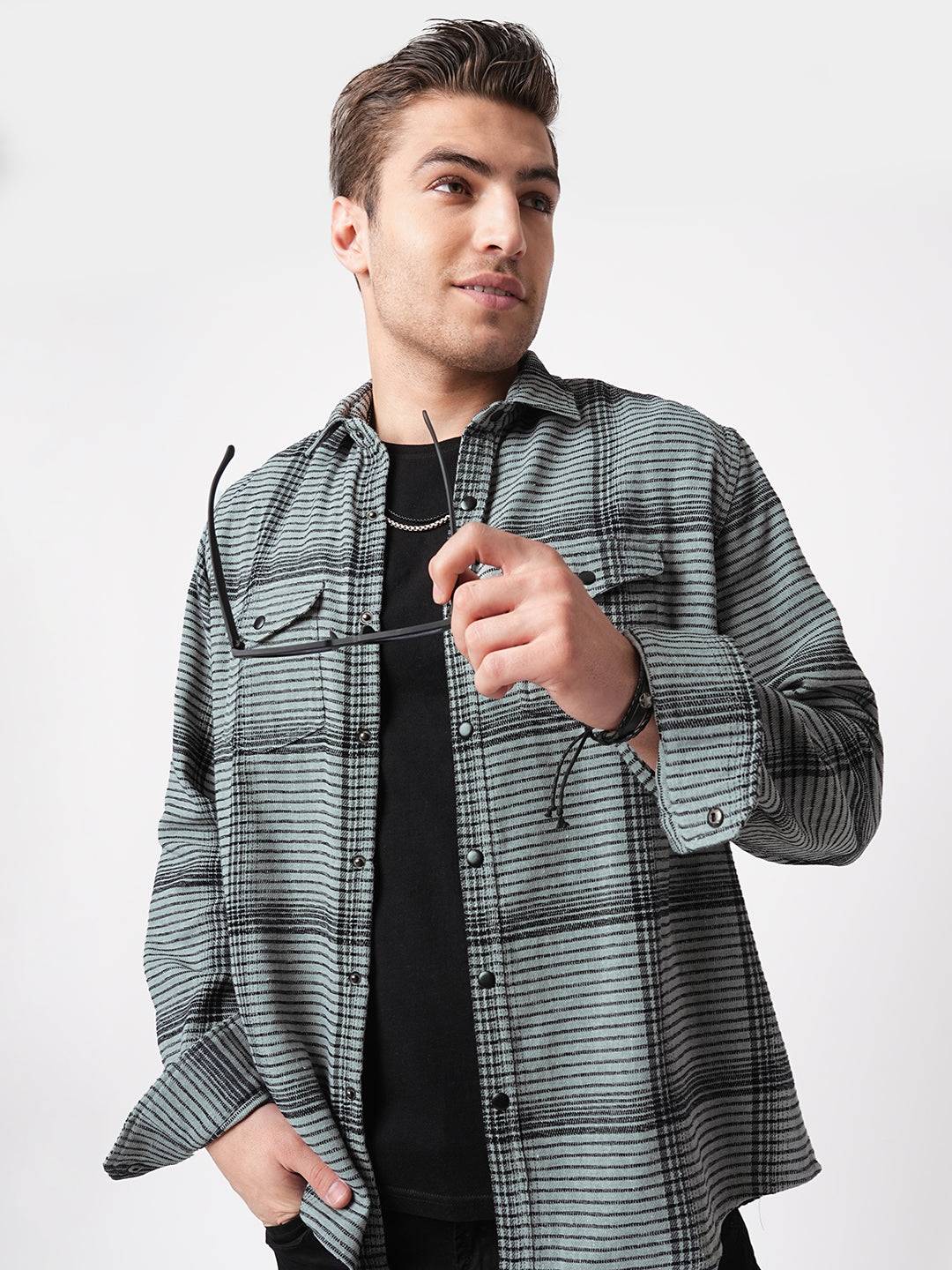 Fossil Grey Checked Double Flap Pocket Textured Overshirt Buy only at ₹674