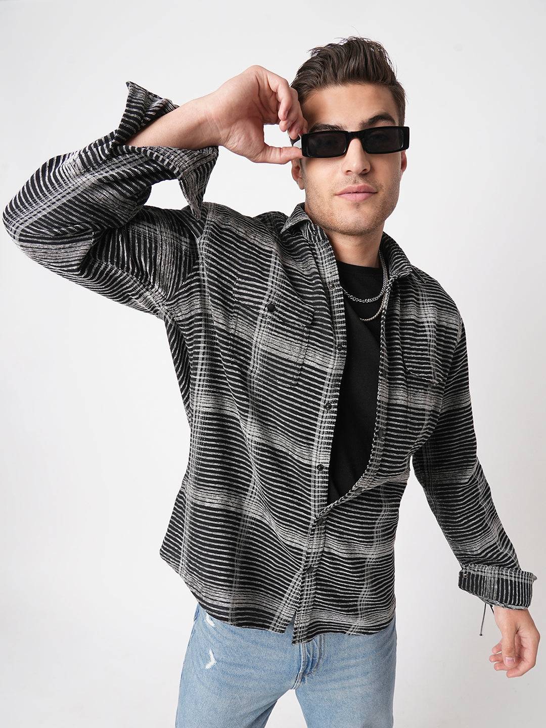 Black & White Checked Double Flap Pocket Textured Overshirt Buy only at ₹674