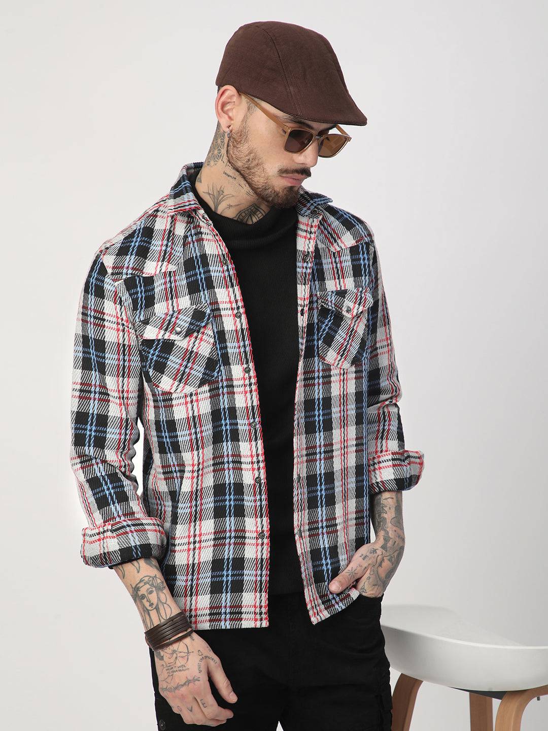 Vibrant Multicolor Heavy Twill Jacquard Double Pocket Shirt Buy only at ₹859