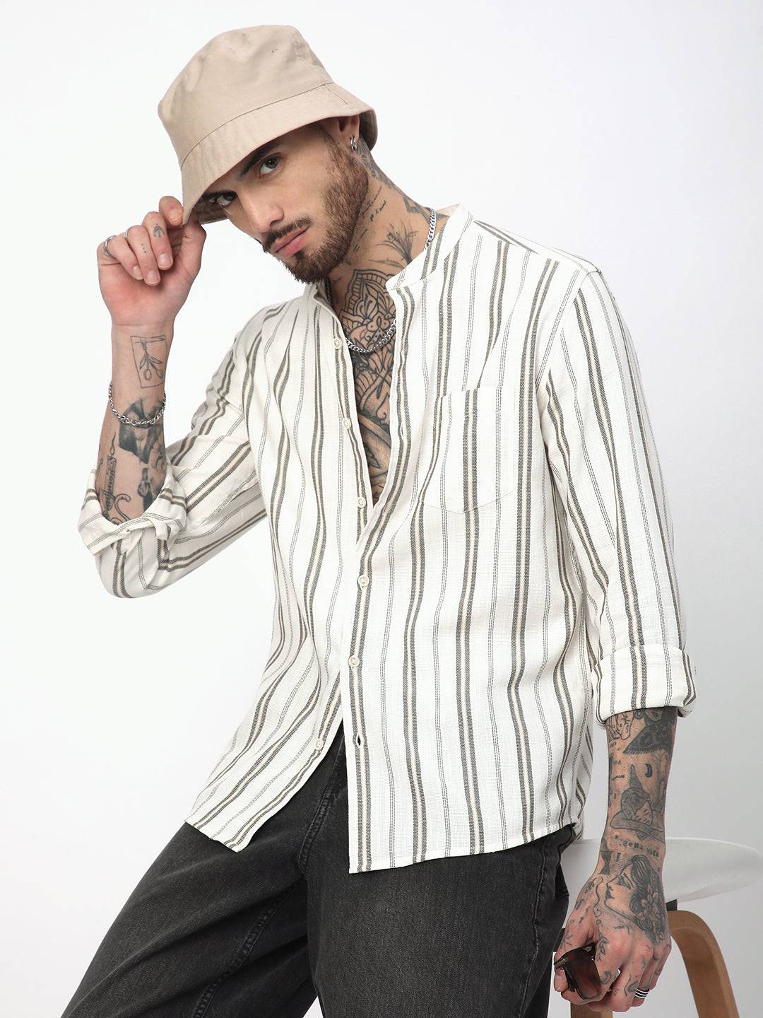 Ivory & Olive Vertical Striped Shirt Buy only at ₹599