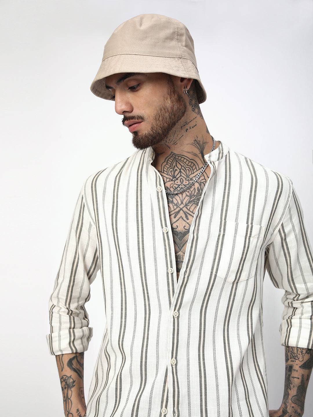 Ivory & Olive Vertical Striped Shirt Buy only at ₹599