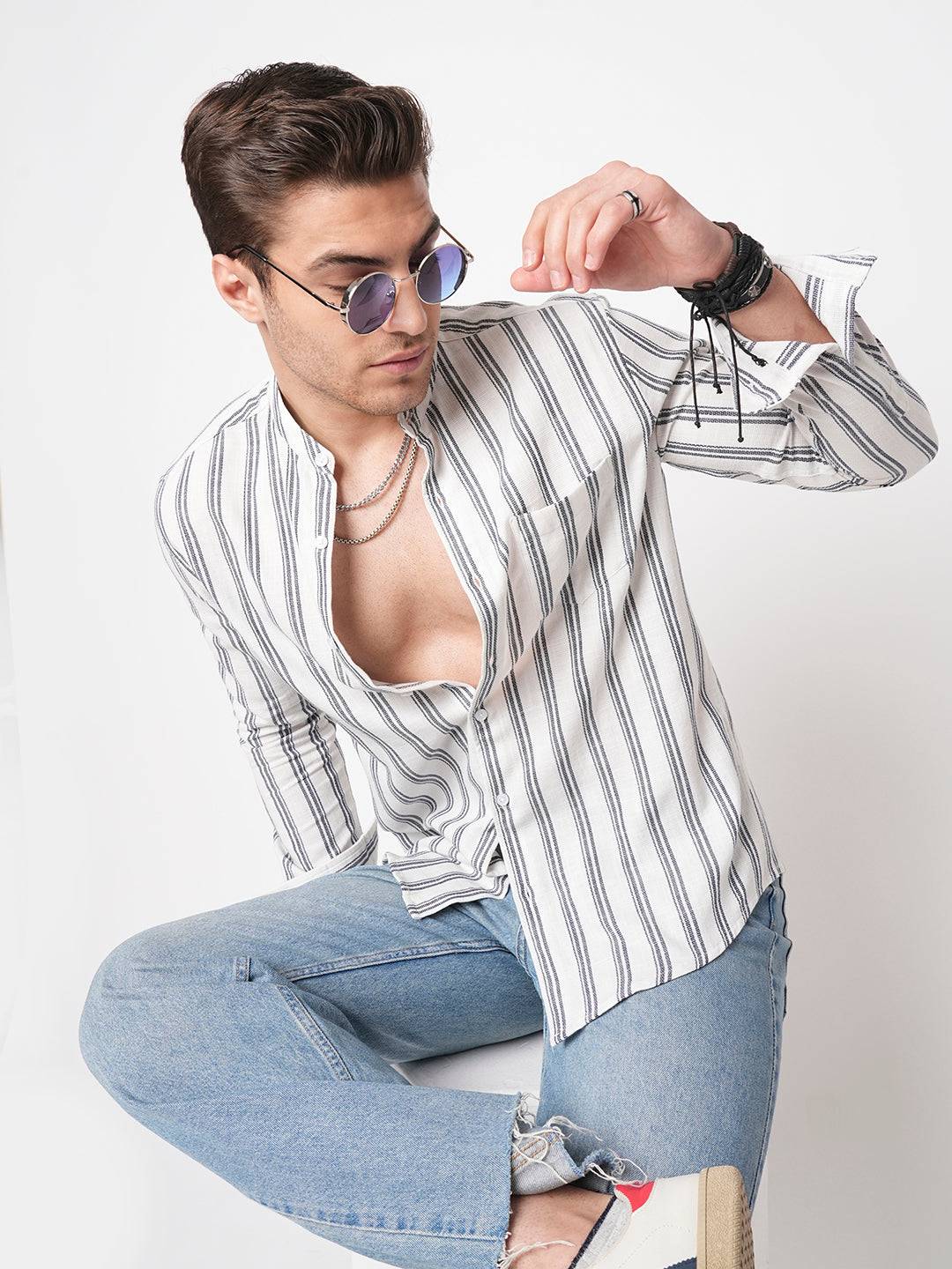 White & Navy Vertical Striped Mandarin Shirt Buy only at ₹599