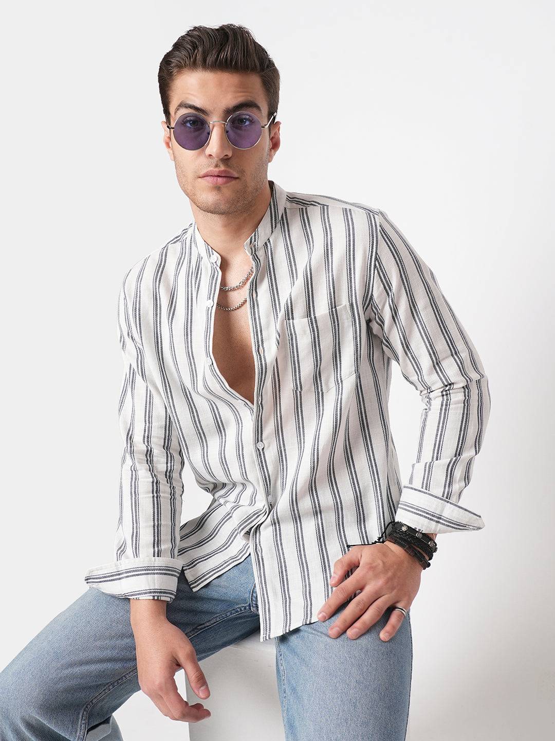 White & Navy Vertical Striped Mandarin Shirt Buy only at ₹599