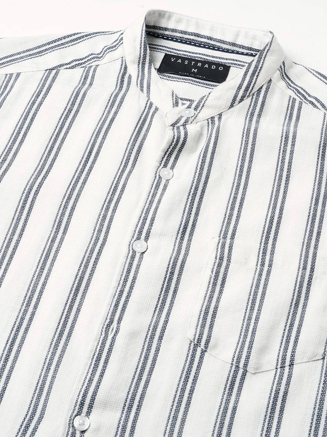 White & Navy Vertical Striped Mandarin Shirt Buy only at ₹599