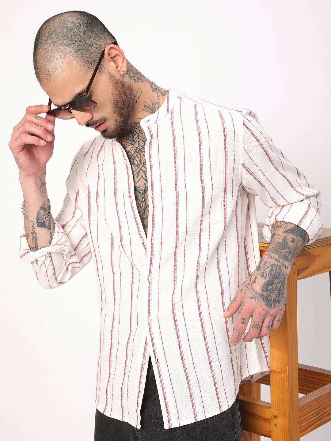 White & Maroon Pin Striped Shirt Buy only at ₹599