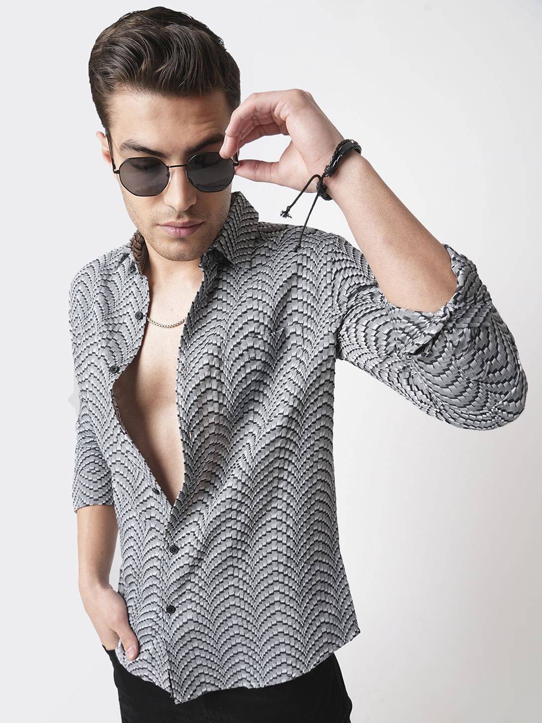 Grey & Black Jacquard Weaved Shirt Buy only at ₹659