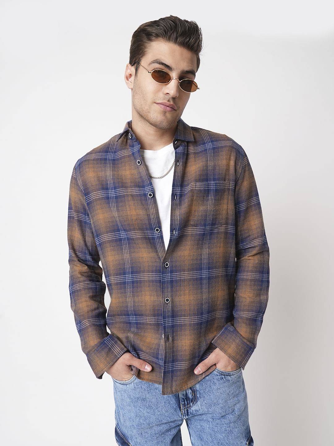 Navy & Orange Tartan Checkered Shirt Buy only at ₹659