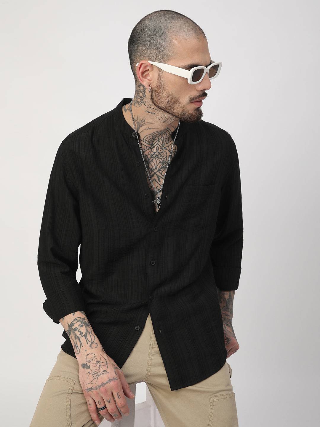 Black Pencil Stripes Mandarin Shirt Buy only at ₹699