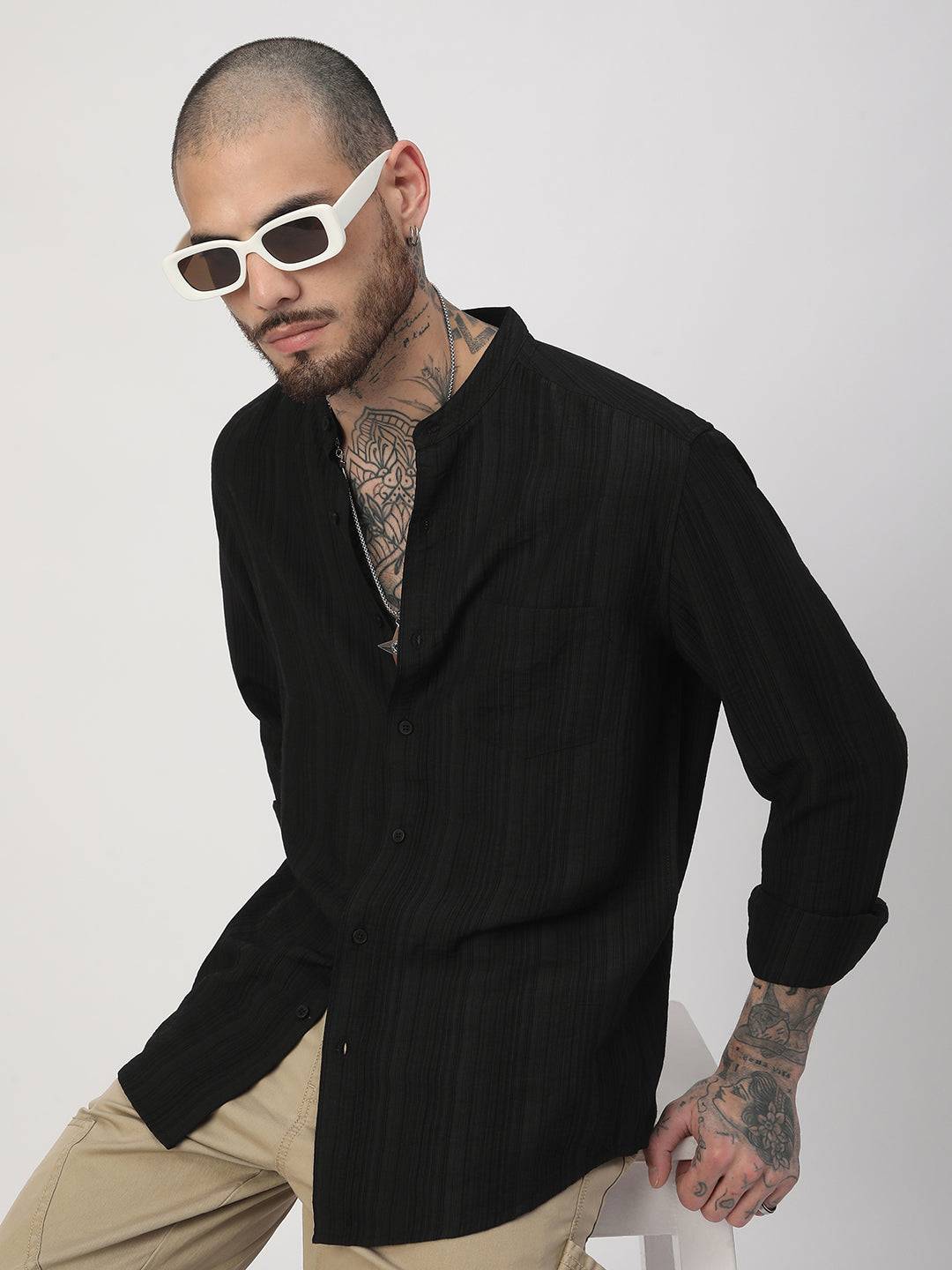 Black Pencil Stripes Mandarin Shirt Buy only at ₹699