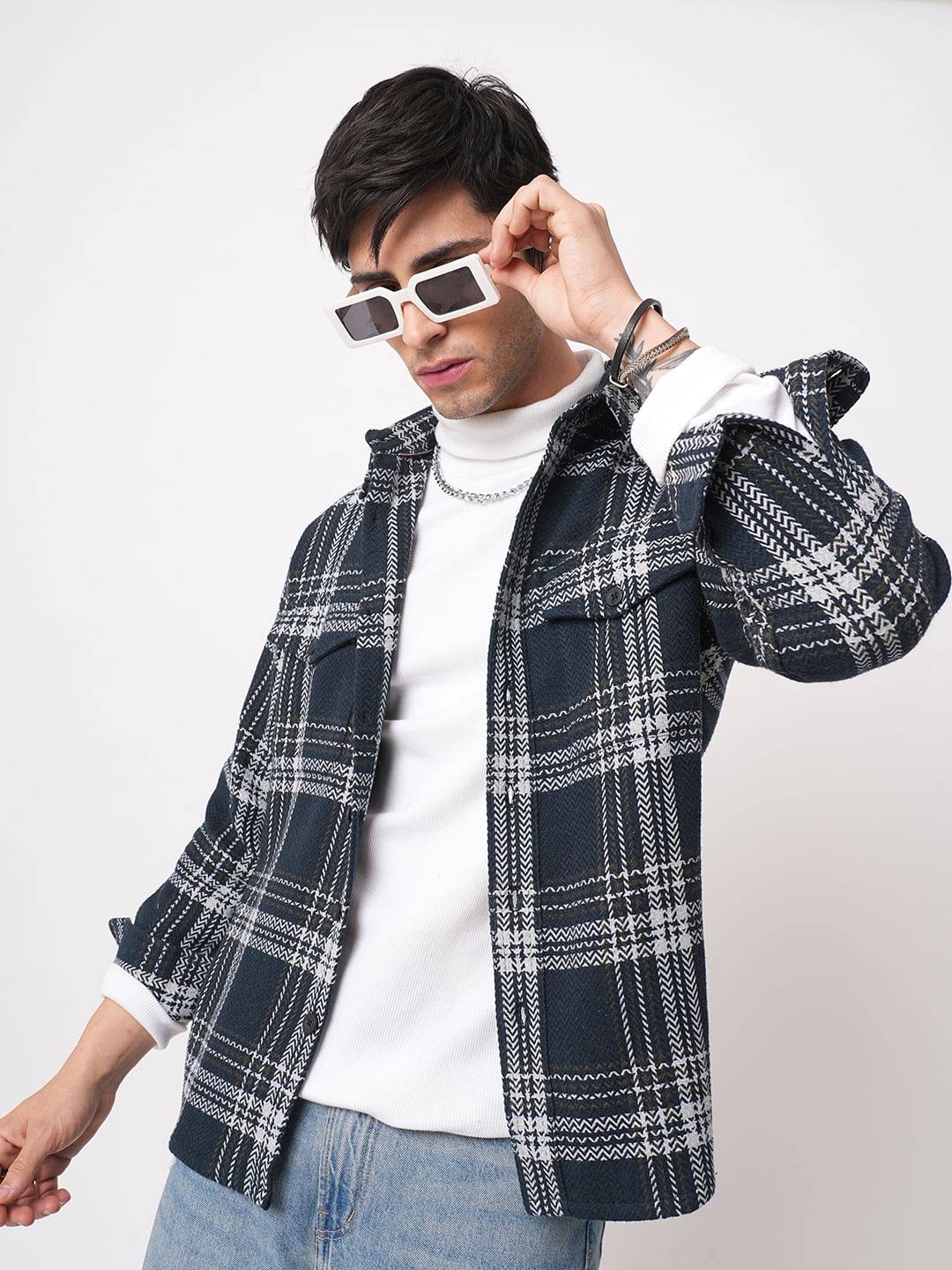 Navy Tweed Checks Double Flap Pocket Flannel Shirt Buy only at ₹799