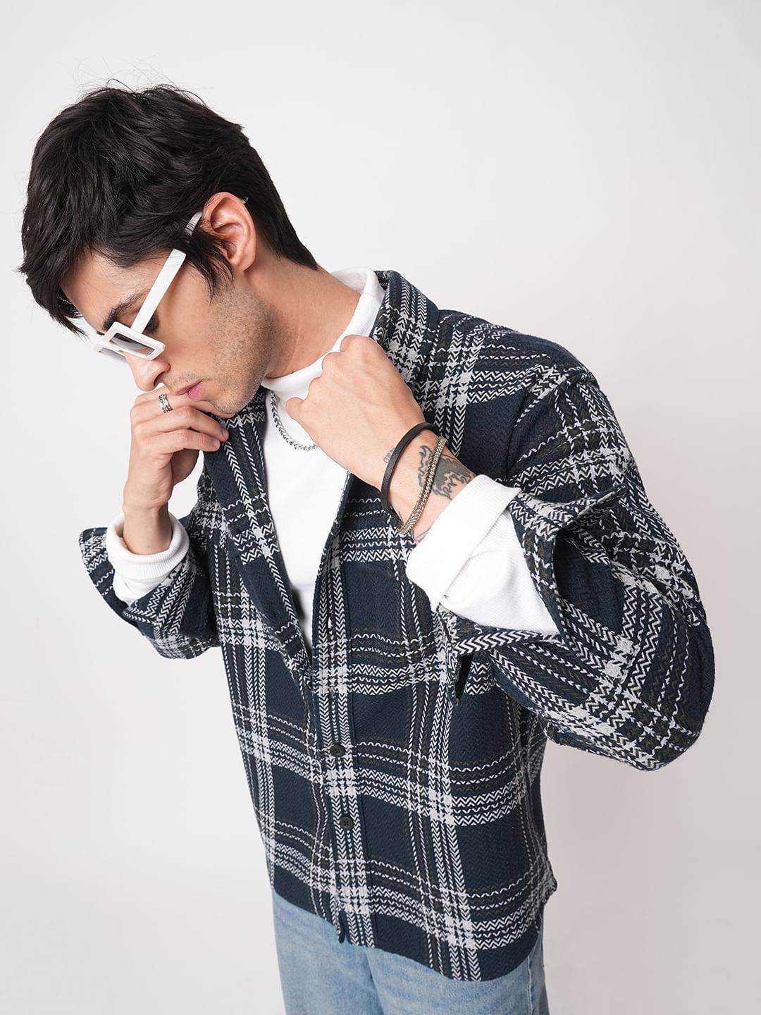 Navy Tweed Checks Double Flap Pocket Flannel Shirt Buy only at ₹799