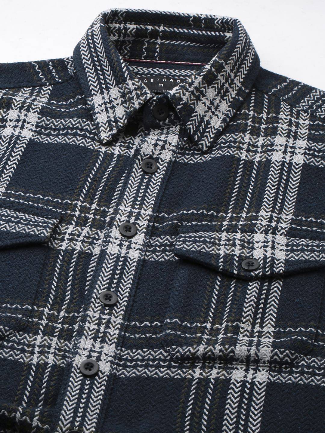 Navy Tweed Checks Double Flap Pocket Flannel Shirt Buy only at ₹799